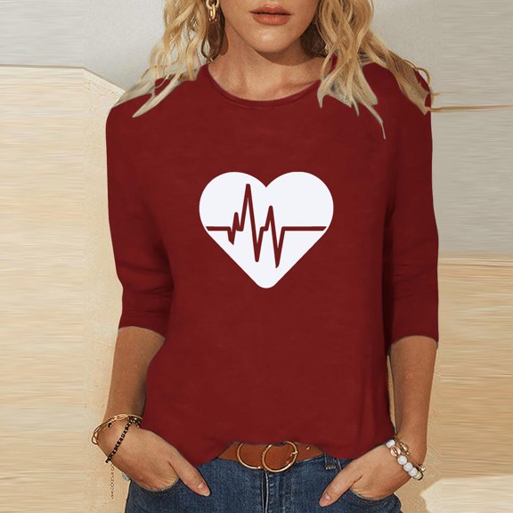 Jsaierl Women's Valentine's Day Shirts Sweet Love Heart Graphic Tees Stretch 3/4 Sleeve Blouse Crewneck Holiday T-shirt Tops Womens Fashion