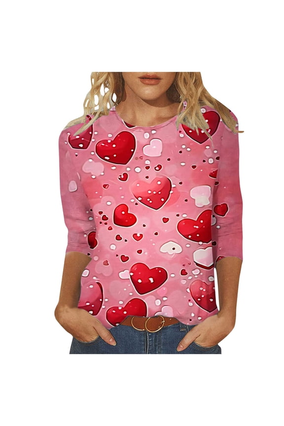 Women's Valentine's Day Shirts Sweet Love Heart Print Tees Work 3/4 Sleeve Blouse Crewneck Holiday T-shirt Tops Spring Clothes for Women