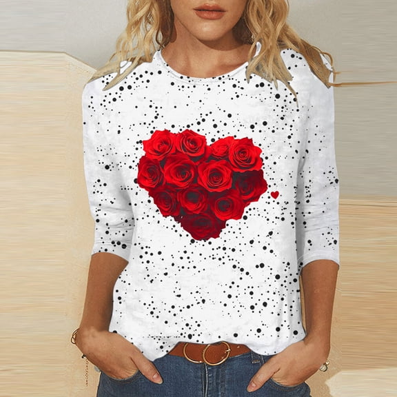 Jsaierl Women's Valentine's Day Shirts Sweet Love Heart Print Tees Work 3/4 Sleeve Blouse Round Neck Holiday T-shirt Tops Womens Fashion