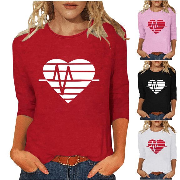Jsaierl Women's Valentines Day Shirts Cute Love Heart Print Tees Soft 3/4 Sleeve Blouse Round Neck Tunic T-shirt Tops Womens Spring Fashion
