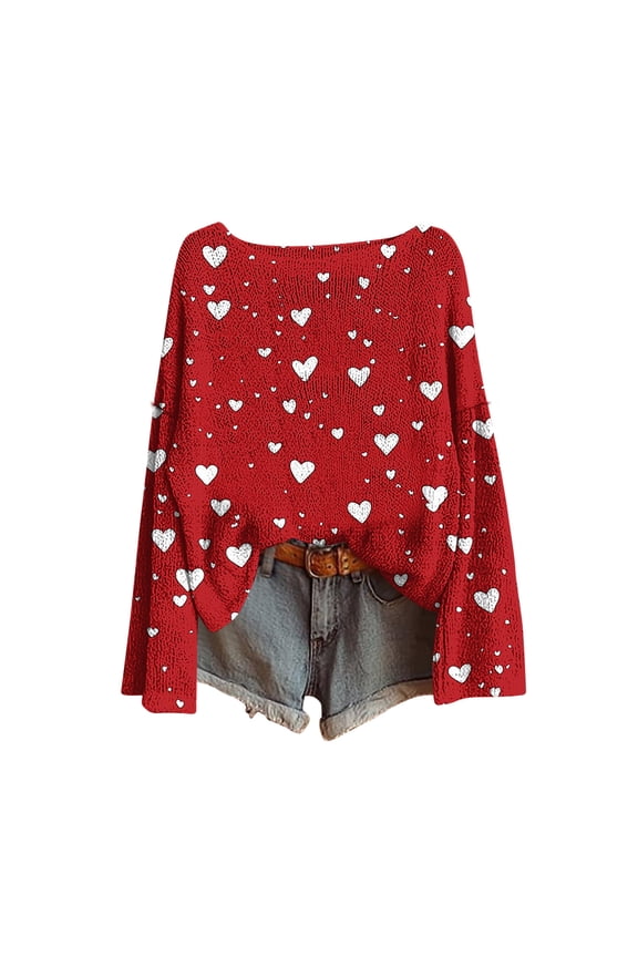 Women's Valentines Day Shirts Cute Love Heart Print Tees Work Long Sleeve Blouse Round Neck Tunic T-shirt Tops Valentines Day Gifts