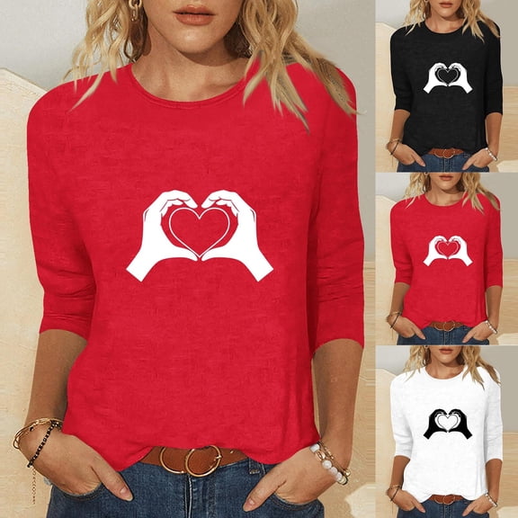 Jsaierl Women's Valentines Day Shirts Sweet Love Heart Graphic Tees Stretch 3/4 Sleeve Blouse Crewneck Going Out T-shirt Tops Womens Fashion