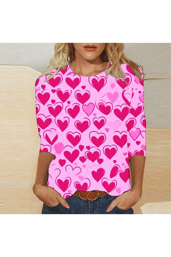 Women's Valentines Day Shirts Sweet Love Heart Graphic Tees Work 3/4 Sleeve Blouse Round Neck Dressy Casual T-shirt Tops Spring Clothes for Women