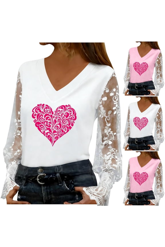 Women's Valentines Day Shirts Sweet Love Heart Graphic Tees Work Lace Long Sleeve Blouse V Neck Tunic T-shirt Tops Valentines Day Gifts