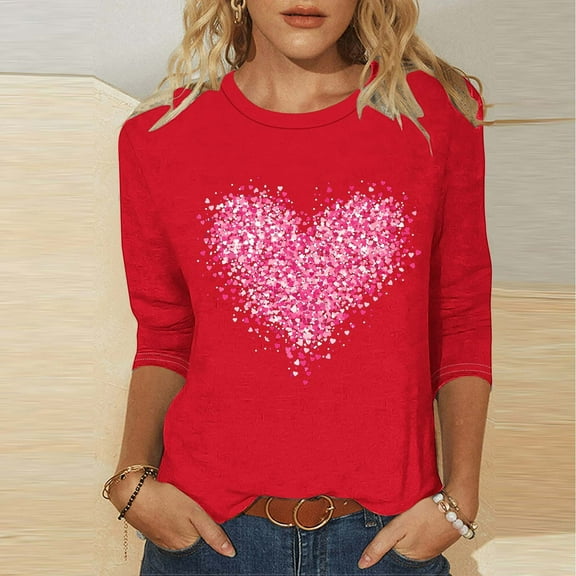 Jsaierl Women's Valentines Day Shirts Sweet Love Heart Print Tees Cotton 3/4 Sleeve Blouse Crewneck Dressy Casual T-shirt Tops Spring Clothes for Women