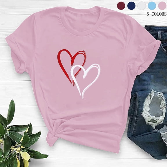 Jsaierl Women's Valentines Day Shirts Sweet Love Heart Print Tees Stretch Short Sleeve Blouse Crewneck Going Out T-shirt Tops Spring Clothes for Women