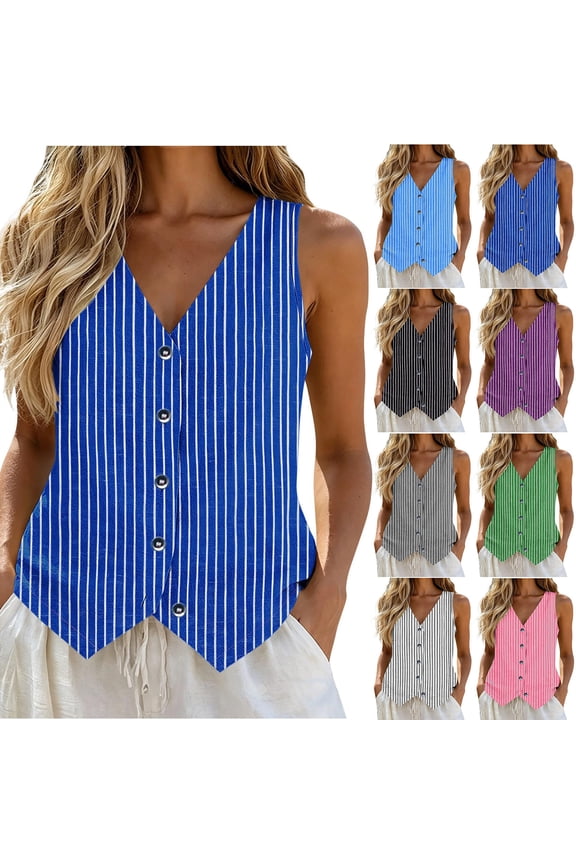 Women's Vertical Stripe V Neck Sleeveless Waistcoat Top, Button Front Pointed Hem Casual Vest, Lightweight Boho Layering Tank