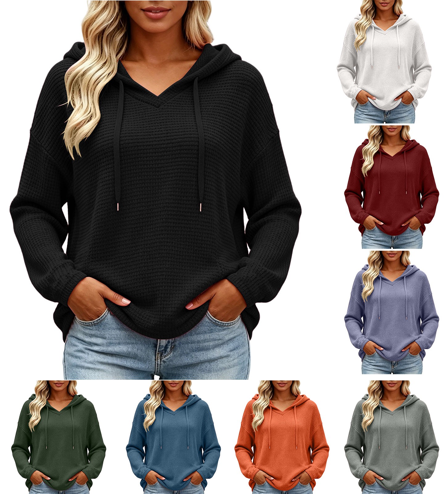 Jsaierl Women's Waffle Hoodies Cute Solid Color Hooded Sweatshirt Classic Sweater Soft Long Sleeve Tops Fall Clothes S-2XL
