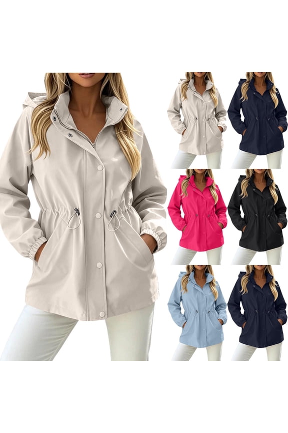 Women's Water Resistant Hooded Anorak Jacket Snap Button Drawstring Waist Windproof Lightweight Outdoor Rain Coat