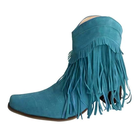 Jsaierl Women's Western Tassel Cowboys Ankle Boots, Retro Fringe Pointy Toe Chunky Low Heel Cowgirls Ankle Booties Mid Calf Riding Boots Retro Wide Calf Ankle Booties Short Boots Winter Shoes
