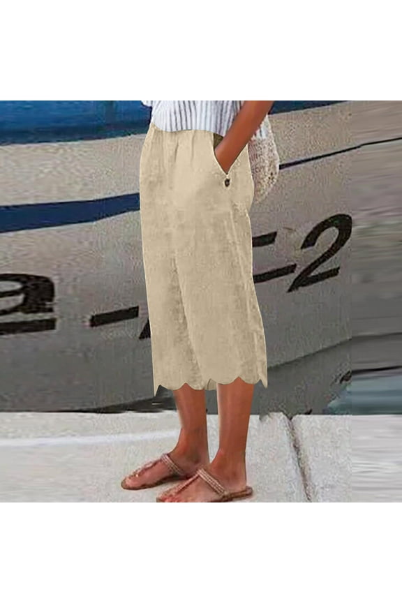 Women's Wide Leg Cotton Linen Capris Pants Summer High Waist Pant Loose Fit Flowy Drawstring Casual Trousers Lightweight Lounge Pants