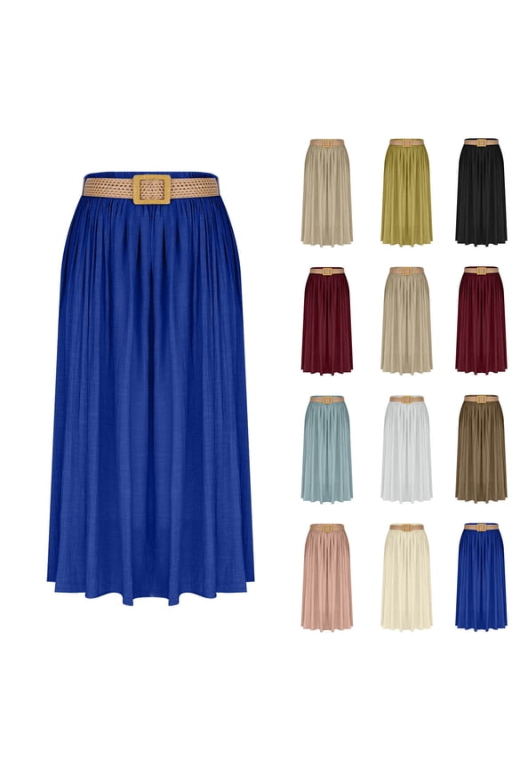 Women's Woven Belt Linen Maxi Skirt, High Waist Pleated Long Skirt with Buckle Belt, Bohemian Casual Skirt for Beach & Vacation