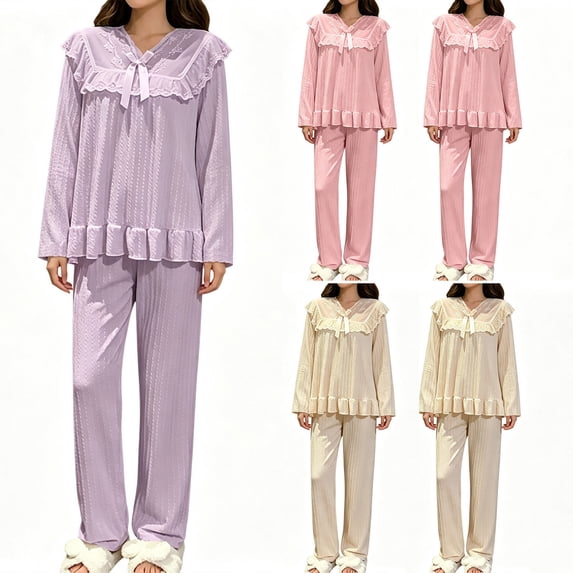 Jsaierl Womens 2 Piece Cute Knit Pajama Sets Long Sleeve Lace Collar ...