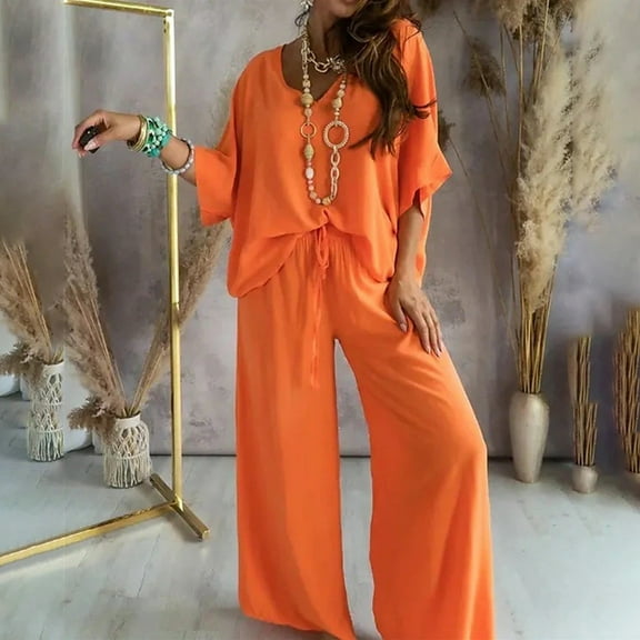 Jsaierl Womens 2 Piece Summer Sets Short Sleeve Casual Tops and Wide Leg Pants Outfits 2 Piece Breathable Matching Outfits Sets