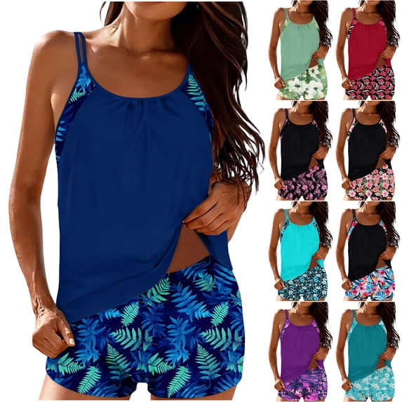 Jsaierl Womens 2 Piece Tankini Swimsuits Blouson Swim Tops Summer Print Swimwear Athletic Pool Party Modest Beachwear with Swim Shorts Tankini Bathing Suits Plus Size