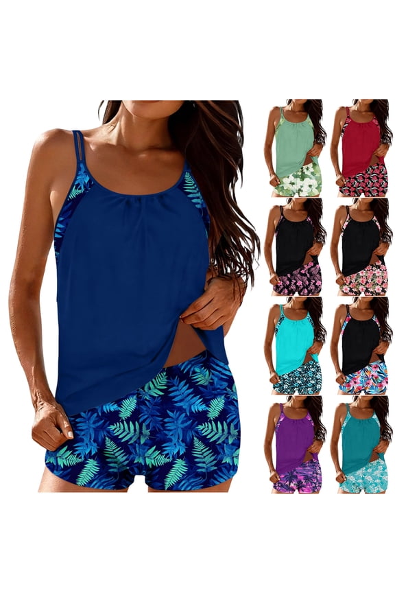 Womens 2 Piece Tankini Swimsuits Blouson Swim Tops Summer Print Swimwear Athletic Pool Party Modest Beachwear with Swim Shorts Tankini Bathing Suits Plus Size