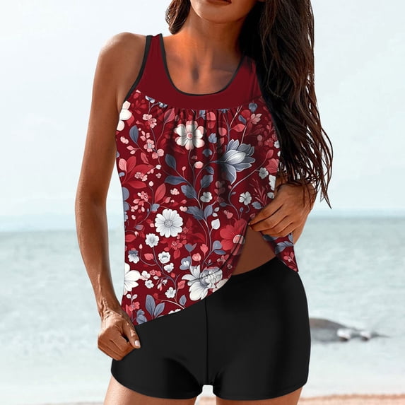 Jsaierl Womens 2 Piece Tankini Swimsuits Tummy Control Summer Beach Print Push Up Swimwear Flowy Tankini Tops with Boyshorts Tankini Bathing Suits S-2XL