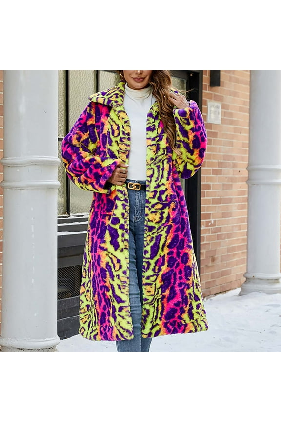 Womens 2024 Winter Faux Fur Coat Leopard Print Fleece Long Jacket Retro Lapel Warm Overcoat Plus Size Trench Coats