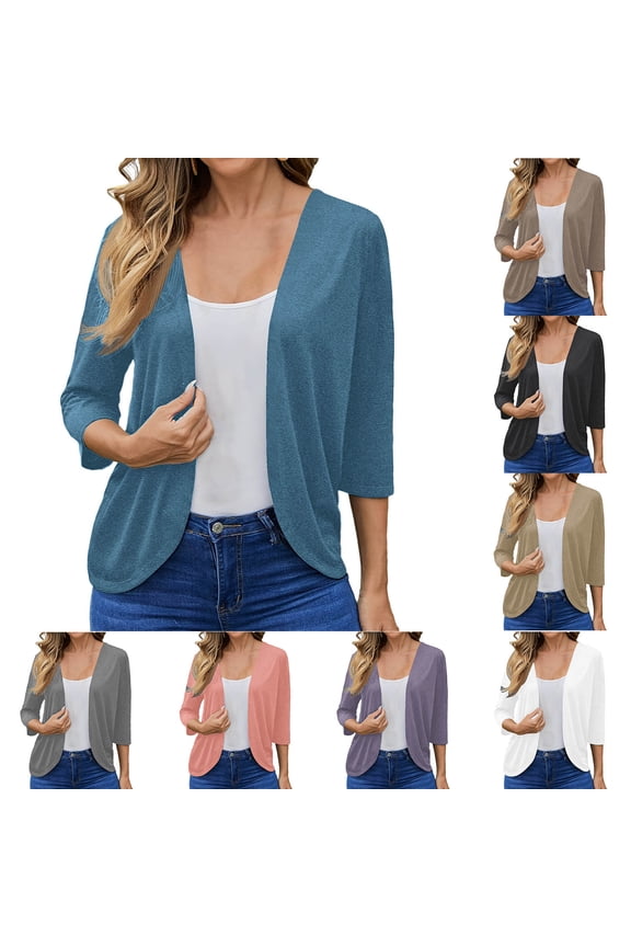 Womens 3/4 Length Sleeve Cardigans Casual Open Front Shirts Dressy Solid Petite Blouses Flowy Elegant Tunic Tops S-2XL
