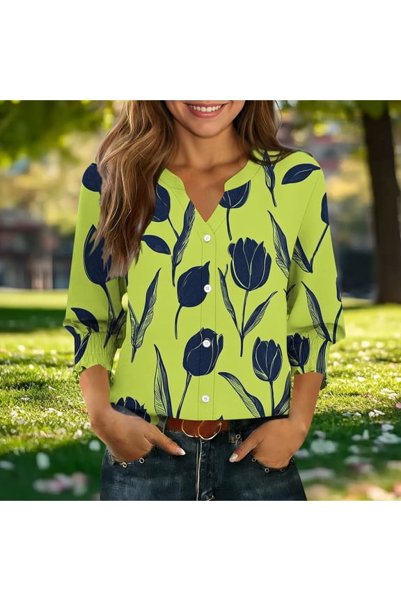 Womens 3/4 Length Sleeve Cardigans Plus Size Button Down Open Front Shirts Boho Print Petite Blouses Workout Cotton Tunic Tops S-2XL