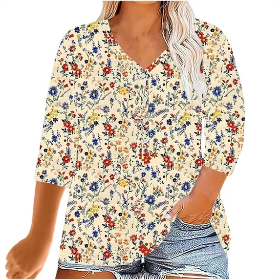 Jsaierl Womens 3/4 Length Sleeve Plus Size Tops Summer Button Up V Neck Shirts Boho Graphic Petite Blouses Classic Dressy T-shirts Top L-4XL
