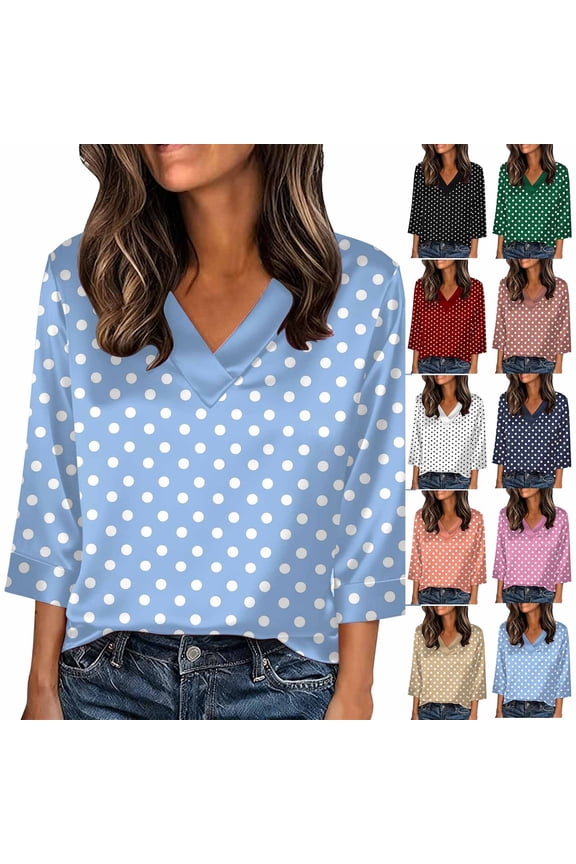 Womens 3/4 Length Sleeve Silk Satin Tops Summer V Neck Shirts Boho Polka Dot Petite Blouses Workout Holiday Tunic Top S-5XL