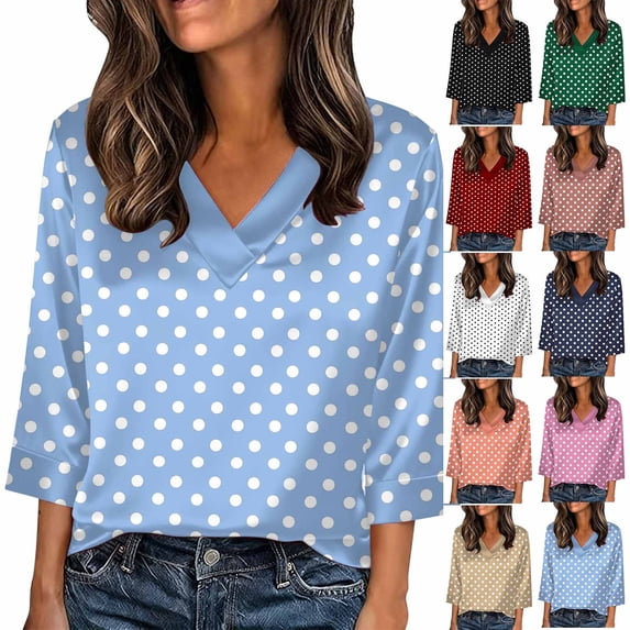 Jsaierl Womens 3/4 Length Sleeve Silk Satin Tops Summer V Neck Shirts Boho Polka Dot Petite Blouses Workout Holiday Tunic Top S-5XL