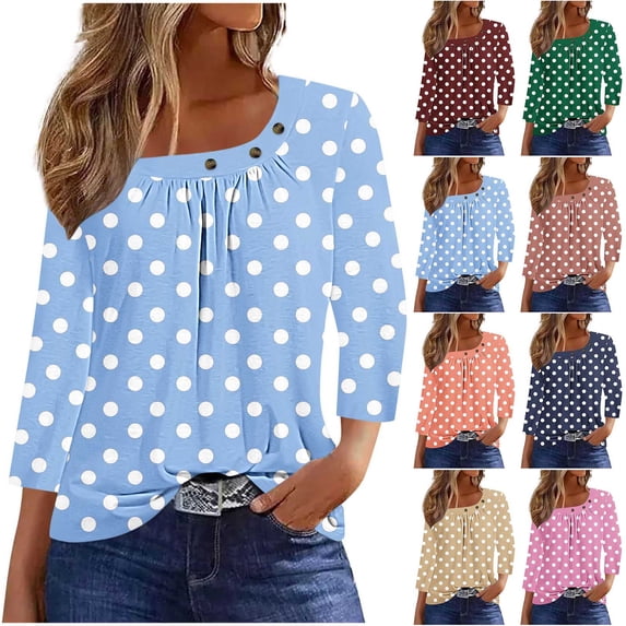 Jsaierl Womens 3/4 Length Sleeve Tops Casual Button Up Round Neck Shirts Fashion Polka Dot Petite Pleated Blouses Work Dressy Tunic Top S-3XL