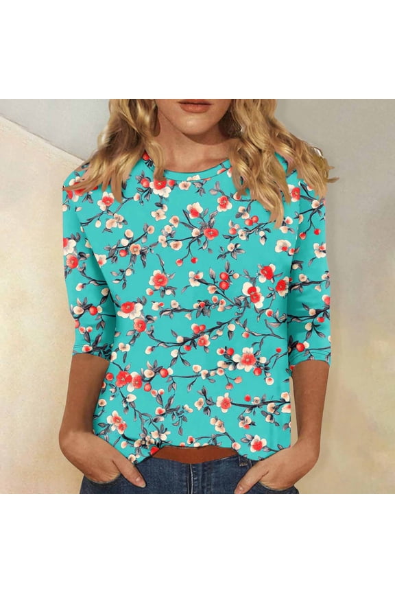 Womens 3/4 Length Sleeve Tops Casual Crew Neck Shirts Boho Print Petite Blouses Soft Dressy T-shirts Top S-5XL