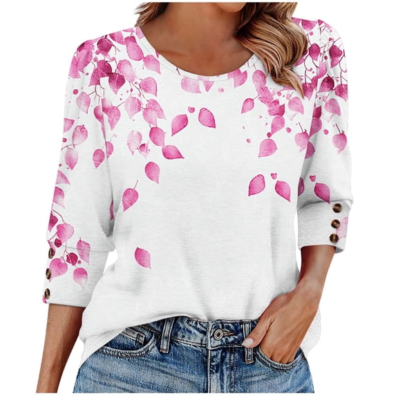 Jsaierl Womens 3/4 Length Sleeve Tops Plus Size Button Up Round Neck Shirts Trendy Print Ladies Blouses Going Out Vacation Tunic Top S-3XL