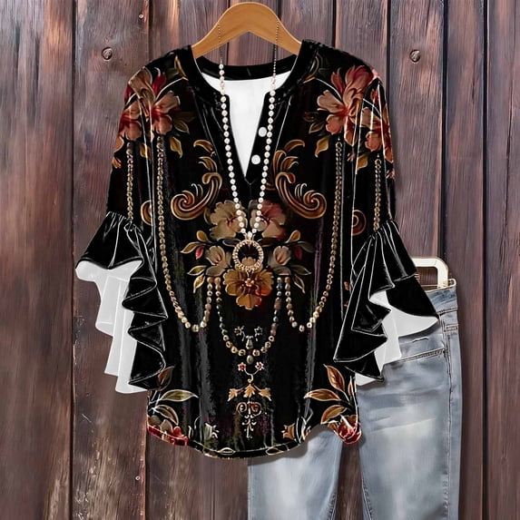 Jsaierl Womens 3/4 Length Sleeve Tops Plus Size Button Up V Neck Shirts Boho Graphic Ladies Blouses Flowy Elegant T-shirts Top S-2XL