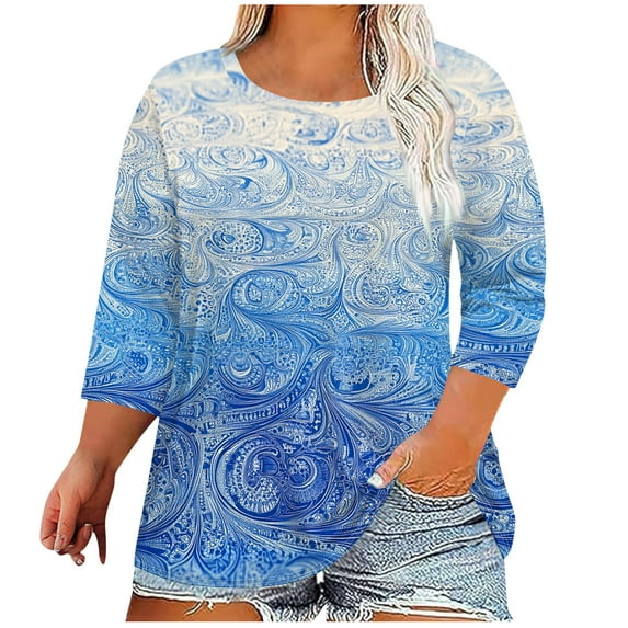 Jsaierl Womens 3/4 Length Sleeve Tops Plus Size Crew Neck Shirts Dressy Graphic Petite Blouses Classic Elegant Tunic Top L-5XL