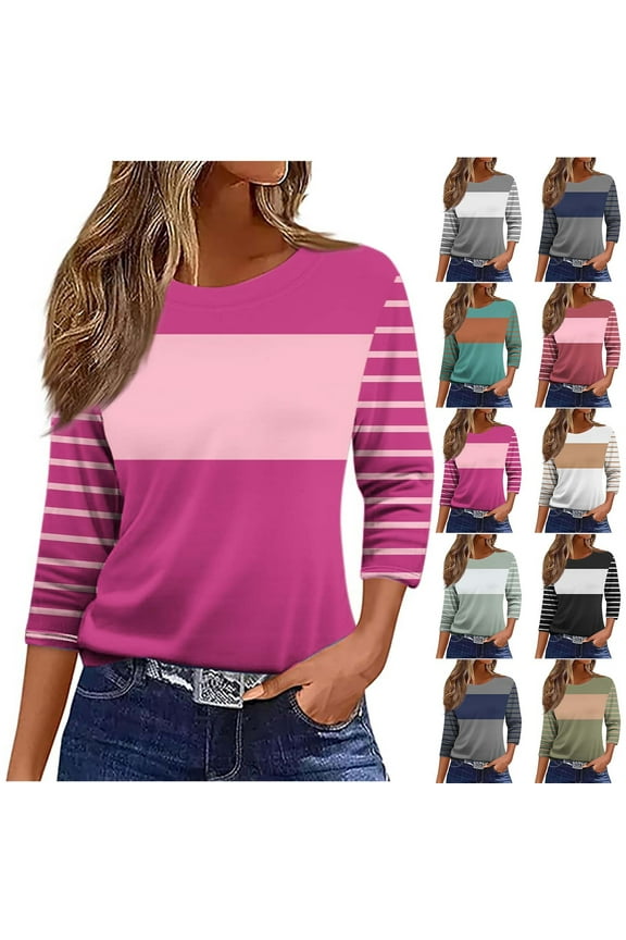 Womens 3/4 Length Sleeve Tops Plus Size Round Neck Shirts Boho Striped Petite Blouses Going Out Cotton T-shirts Top S-2XL