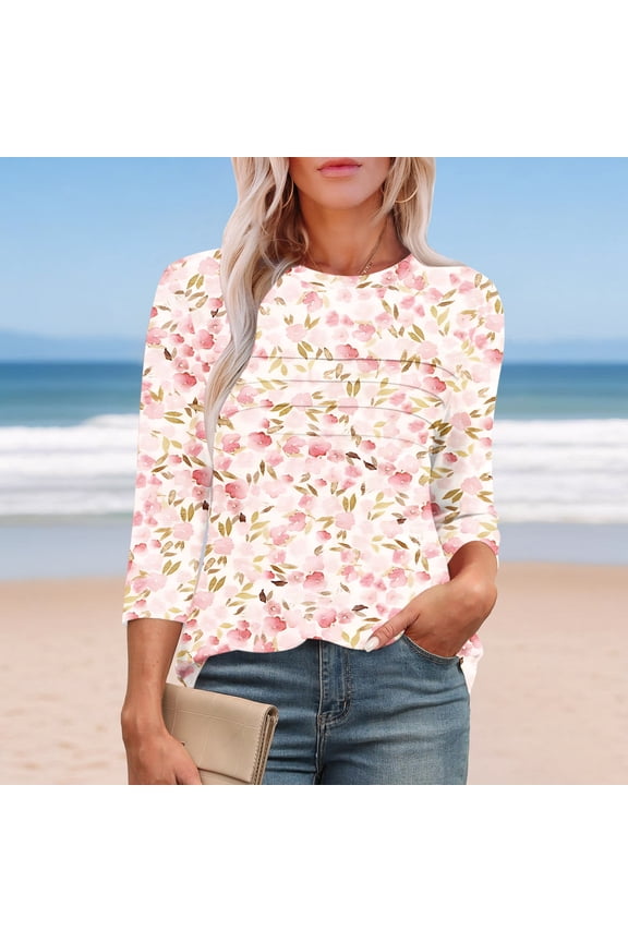 Womens 3/4 Length Sleeve Tops Summer Crew Neck Shirts Boho Gradient Petite Blouses Workout Vacation Tunic Top S-2XL