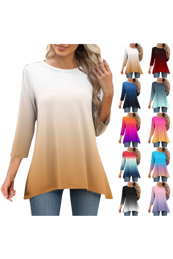 Womens 3/4 Length Sleeve Tops Summer Round Neck Shirts Boho Gradient Petite Blouses Workout Cotton Tunic Top S-2XL