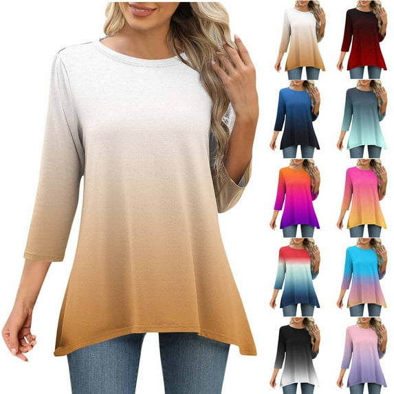 Jsaierl Womens 3/4 Length Sleeve Tops Summer Round Neck Shirts Boho Gradient Petite Blouses Workout Cotton Tunic Top S-2XL