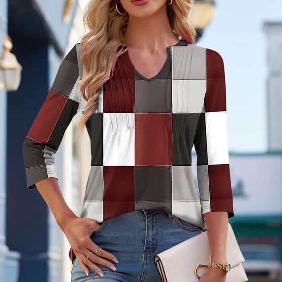 Jsaierl Womens 3/4 Length Sleeve Tops Summer V Neck Shirts Boho Print Petite Pleated Blouses Workout Holiday T-shirts Top S-2XL