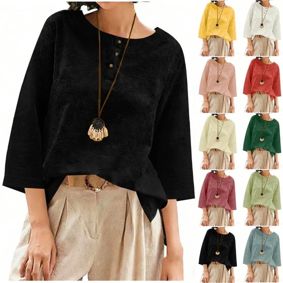 Jsaierl Womens 3/4 Sleeve Cotton Linen Tops Summer Button Up Crew Neck Shirts Fashion Solid Petite Blouses Work Holiday Tunic Top S-2XL