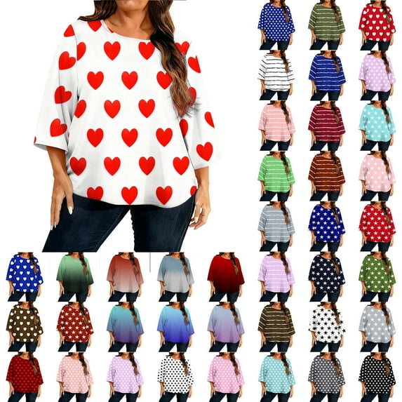 Jsaierl Womens 3/4 Sleeve Shirts Plus Size Polka Dot Shirts Summer Boho Tunic Blouses Dressy Casual Crew Neck Tshirts