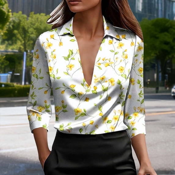 Jsaierl Womens 3/4 Sleeve Silk Satin Tops Plus Size V Neck Shirts Retro Print Ladies Blouses Going Out Vacation Tunic Top S-3XL