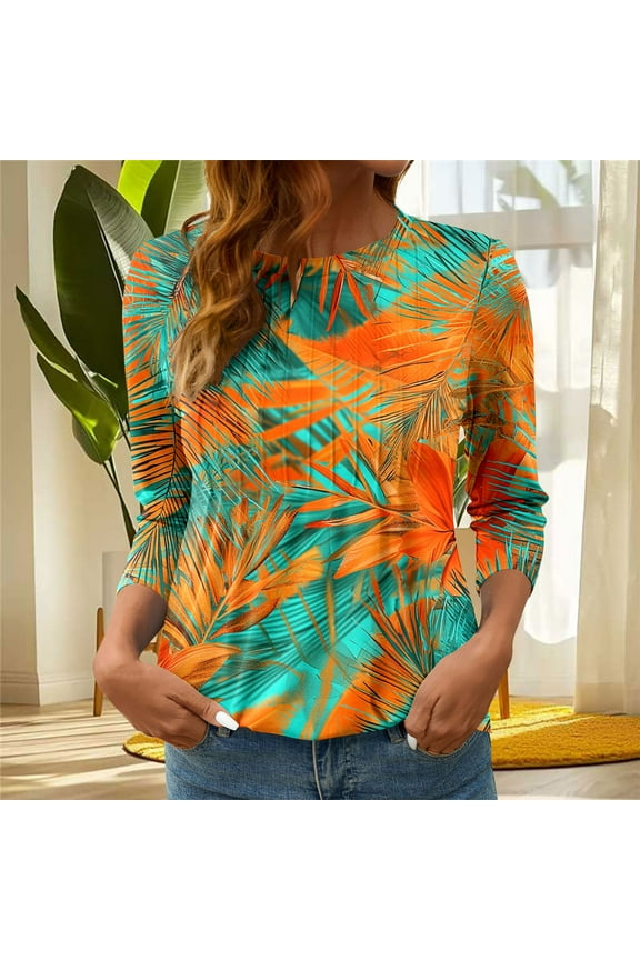 Womens 3/4 Sleeve Tops Casual Crew Neck Shirts Boho Graphic Petite Blouses Soft Cotton Tunic Top S-3XL