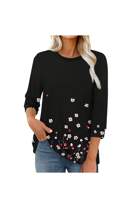 Womens 3/4 Sleeve Tops Casual Round Neck Shirts Boho Graphic Petite Blouses Workout Vacation Tunic Top S-2XL