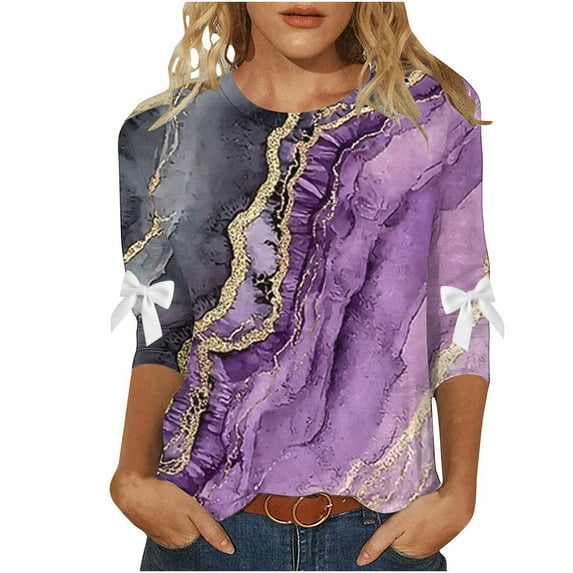 Jsaierl Womens 3/4 Sleeve Tops Plus Size Round Neck Shirts Trendy Graphic Ladies Blouses Flowy Holiday Tunic Top S-5XL