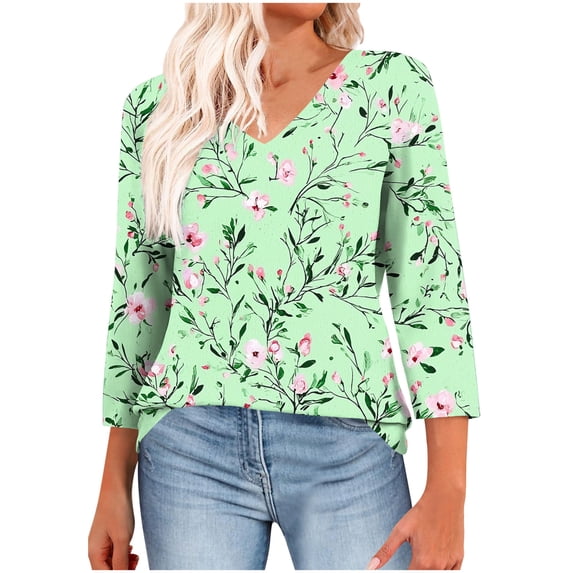 Jsaierl Womens 3/4 Sleeve Tops Plus Size V Neck Shirts Trendy Print Petite Blouses Flowy Holiday Tunics Raglan Top S-3XL