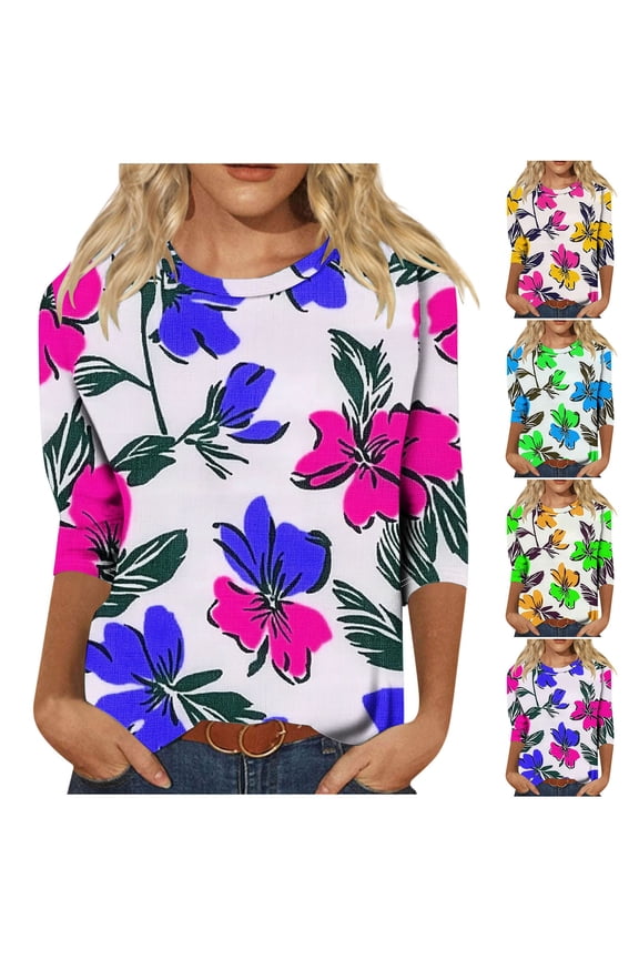 Womens 3/4 Sleeve Tops Summer Round Neck Shirts Boho Graphic Petite Blouses Flowy Elegant Tunic Top S-3XL
