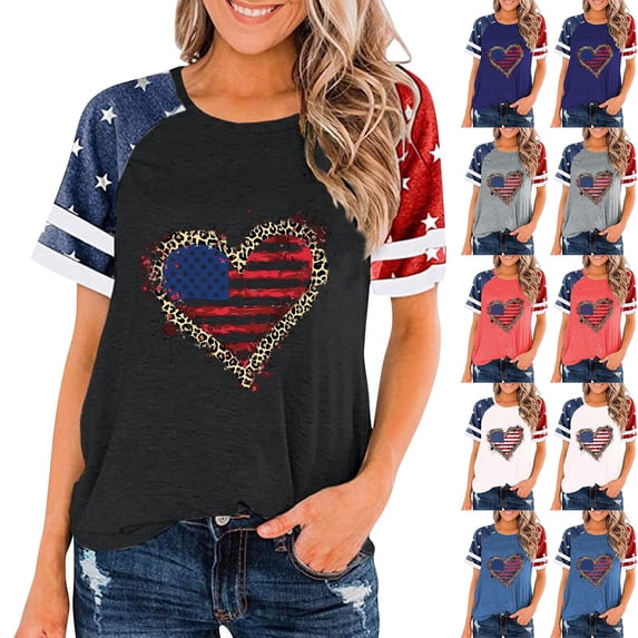 Jsaierl Womens 4th of July Shirts Plus Size Patriotic USA Flag Graphic T shirts Tunic Raglan Short Sleeve Tees Beach Crewneck Blouses Tops