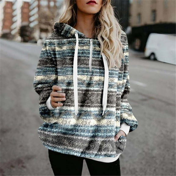 Jsaierl Womens Athletic Fuzzy Hoodies Sherpa Pullover Hoodie for Women Zip Oversized Plush Hoodie with Pockets
