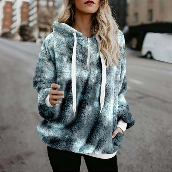 Jsaierl Womens Athletic Fuzzy Hoodies Sherpa Pullover Hoodie for Women Zip Oversized Plush Hoodie with Pockets