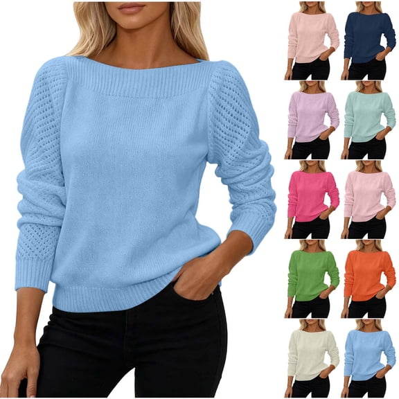 Jsaierl Womens Boat Neck Long Sleeve Pullover Sweaters Ribbed Trim Soft Knit Lightweight Casual Tops