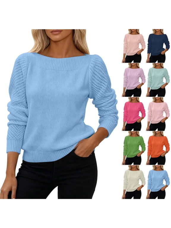 Womens Boat Neck Long Sleeve Pullover Sweaters Ribbed Trim Soft Knit Lightweight Casual Tops